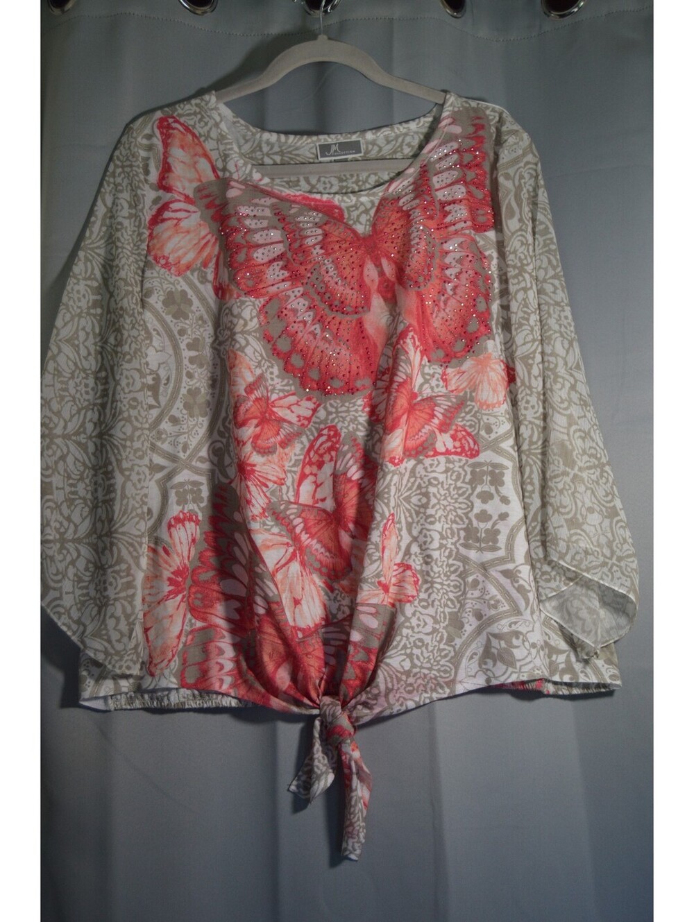 JM Collection butterfly print tie front blouse size XL